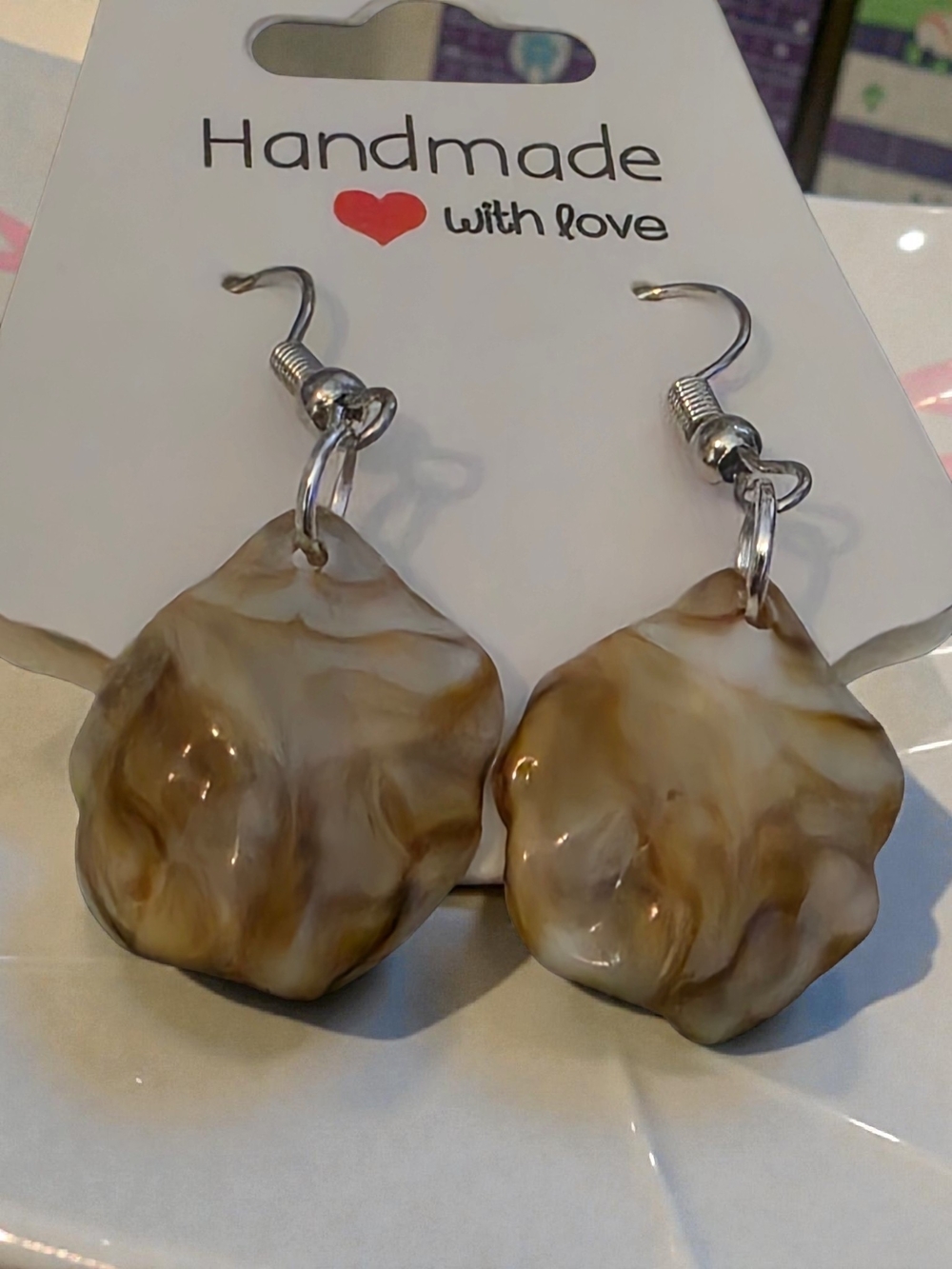 Handmade Styleandstone Brown Seashell Marbled Resin Dangle Earrings